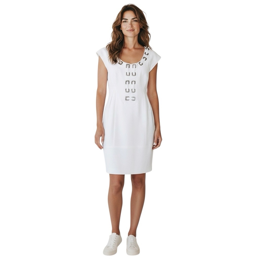 NANETTE LEPORE White Workaholic Dress w/ Pockets Size 0-Silver Chunk Chainlink - Picture 10 of 10